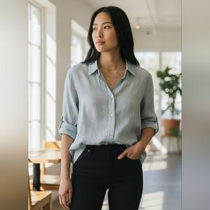 Jones New York Womens Grey/Lt Blue Button-Up Shirt Silver-Toned Buttons Casual